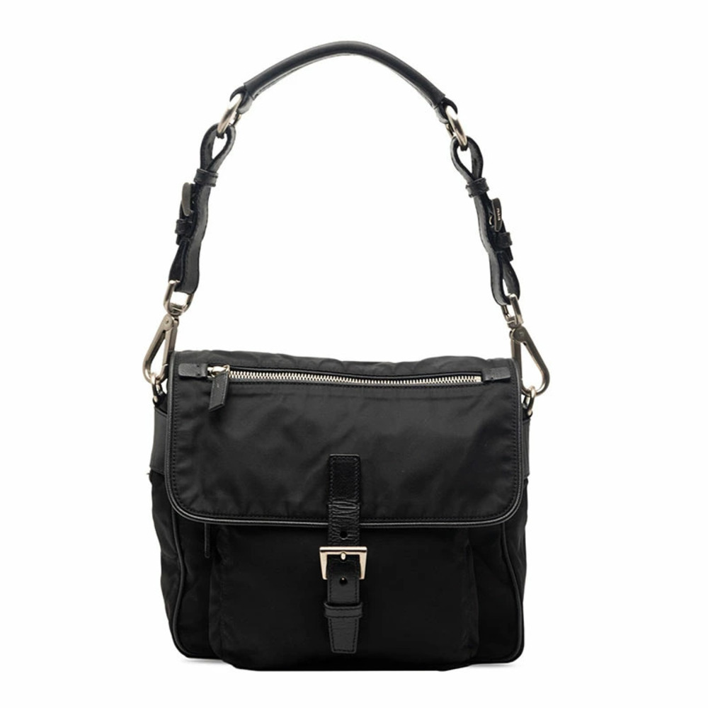 Prada Triangle Plate Vera Pocono Hobo Bag Handbag Black Tessuto Saffiano